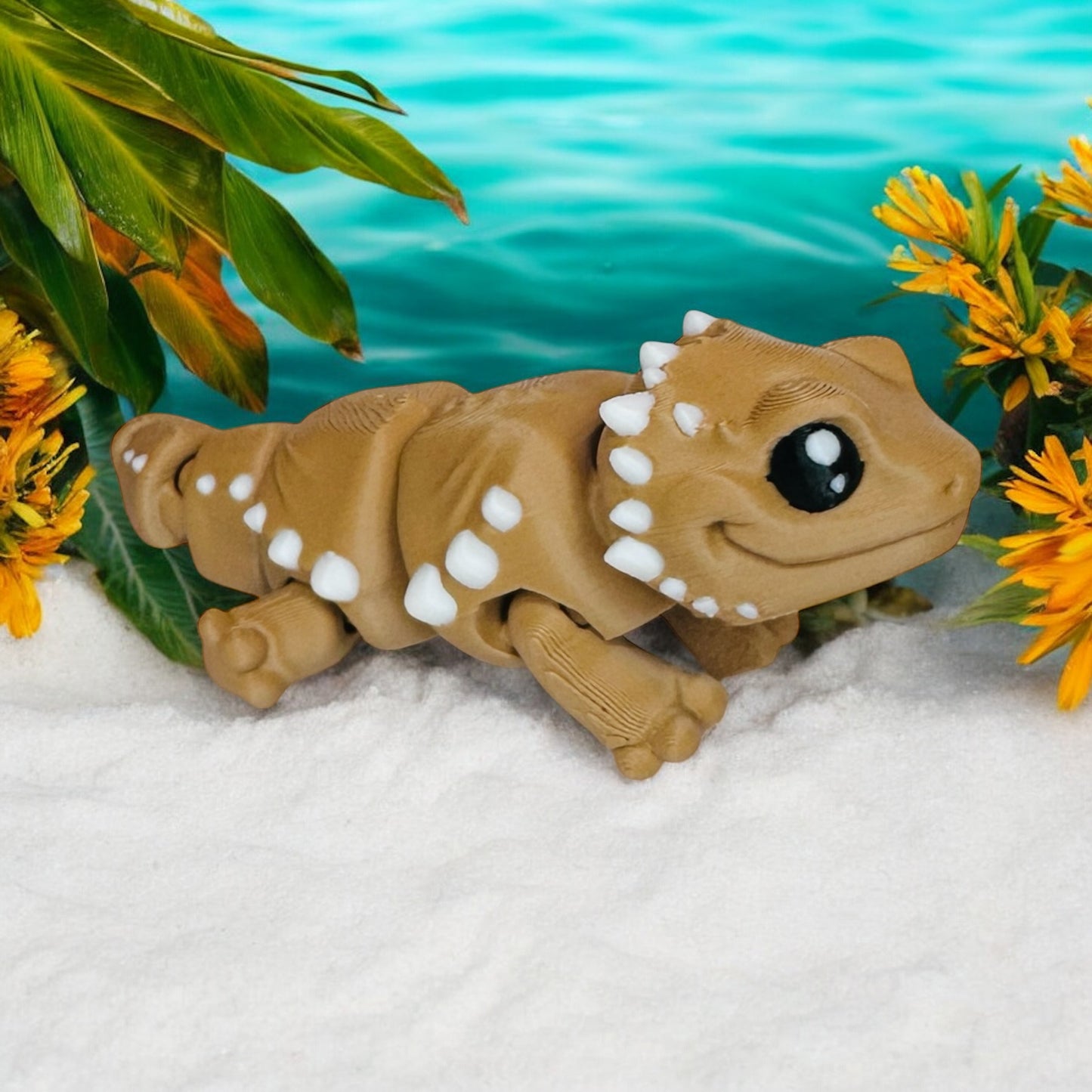 Baby brown 3d printed bearded dragon with a tropical looking background.