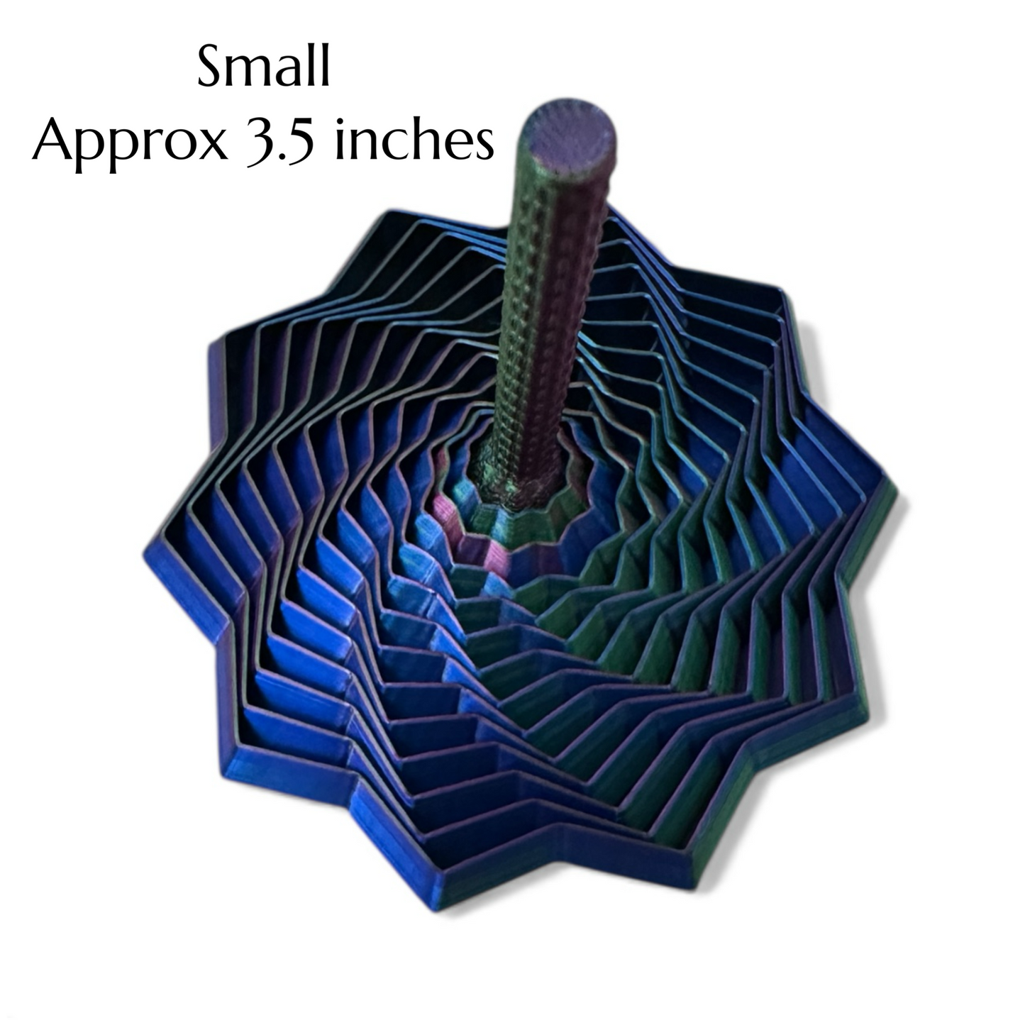 3D Printed star fidget toy with a central cylindrical rod on a white background - size Small