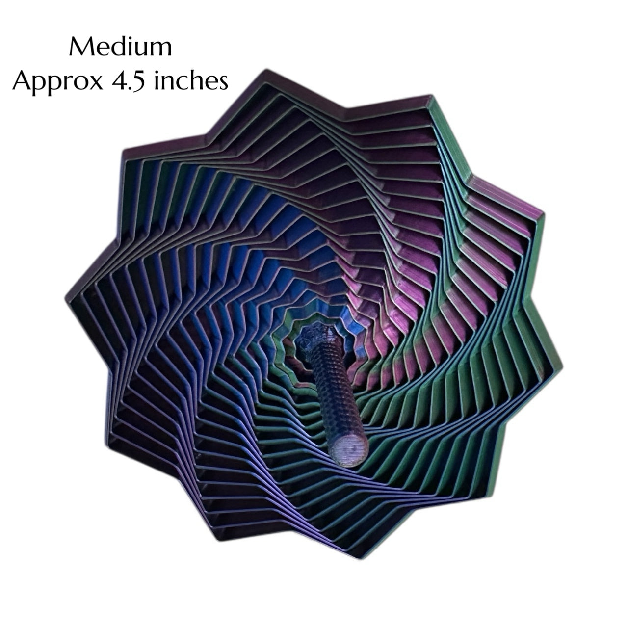 3D Printed star fidget toy with a central cylindrical rod on a white background - size Medium